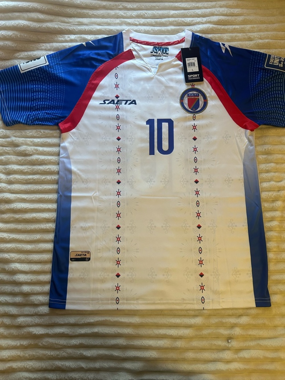 Haiti Men's Football Jersey - White/Blue/Red, No.10